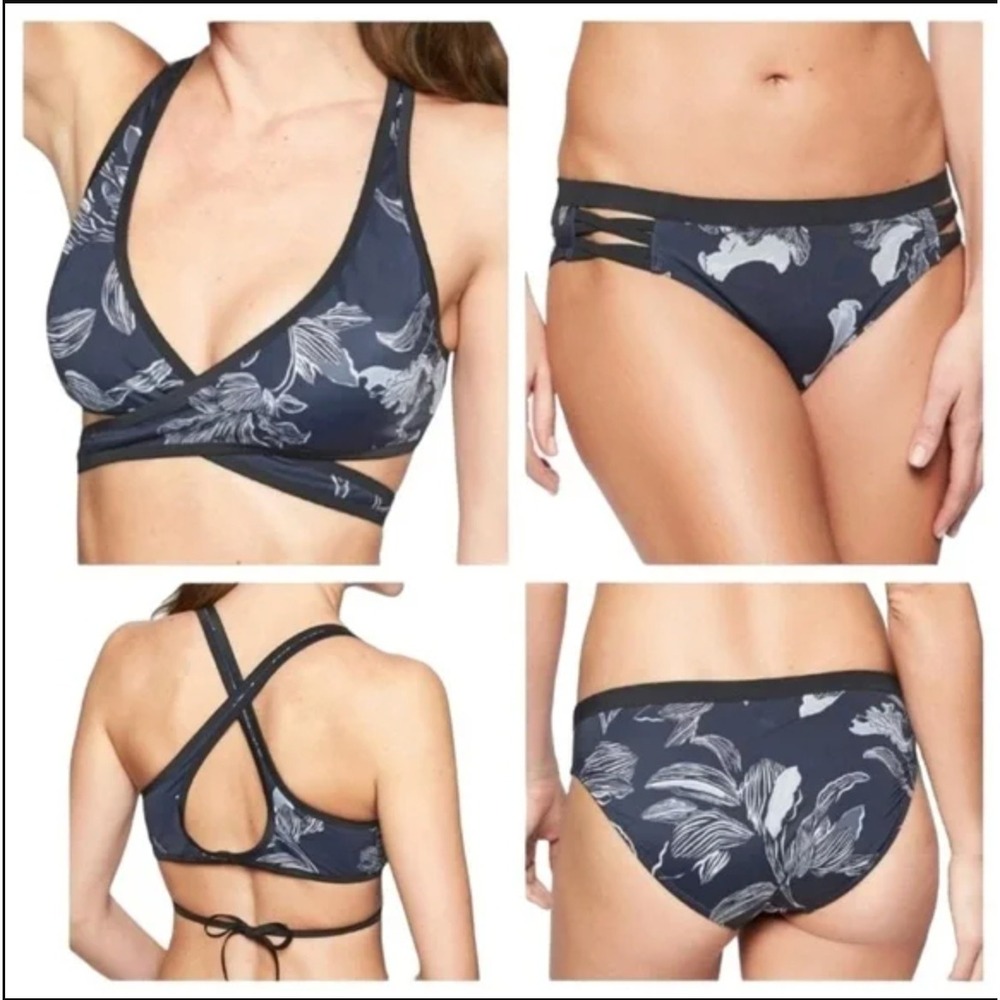 Athleta Fiore Wrap Bikini Set Size Small Navy Floral‎ Criss Cross Back Strappy